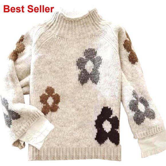 Sweaters - Oversized Chunky Knit Pullover Sweater Mock Neck Floral Print Fall